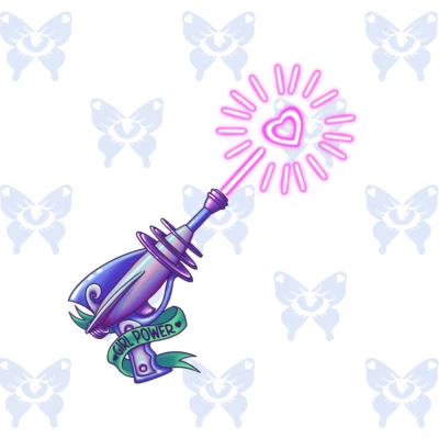 Diseño tatuaje pistola retrofuturista kawaii full color