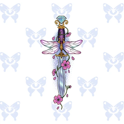 Diseño de tatuaje daga kawaii psicodelico full color