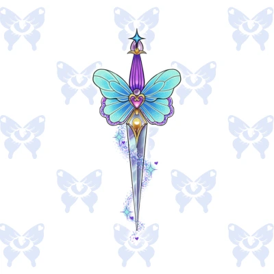 Diseño de tatuaje daga kawaii full color