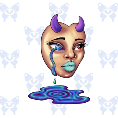 Diseño tatuaje máscara psicodélico cósmico kawaii full color