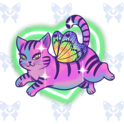 Diseño de tatuaje gato hada kawaii psicodelico full color