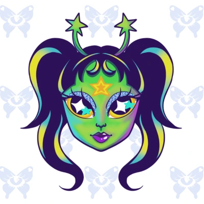 Diseño de tatuaje alien kawaii psicodelico full color